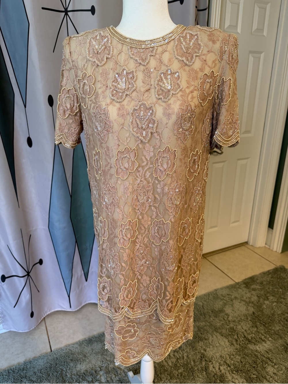 Elegant Tan/Cream Lace Beaded Midi Dress… Beautiful condition!